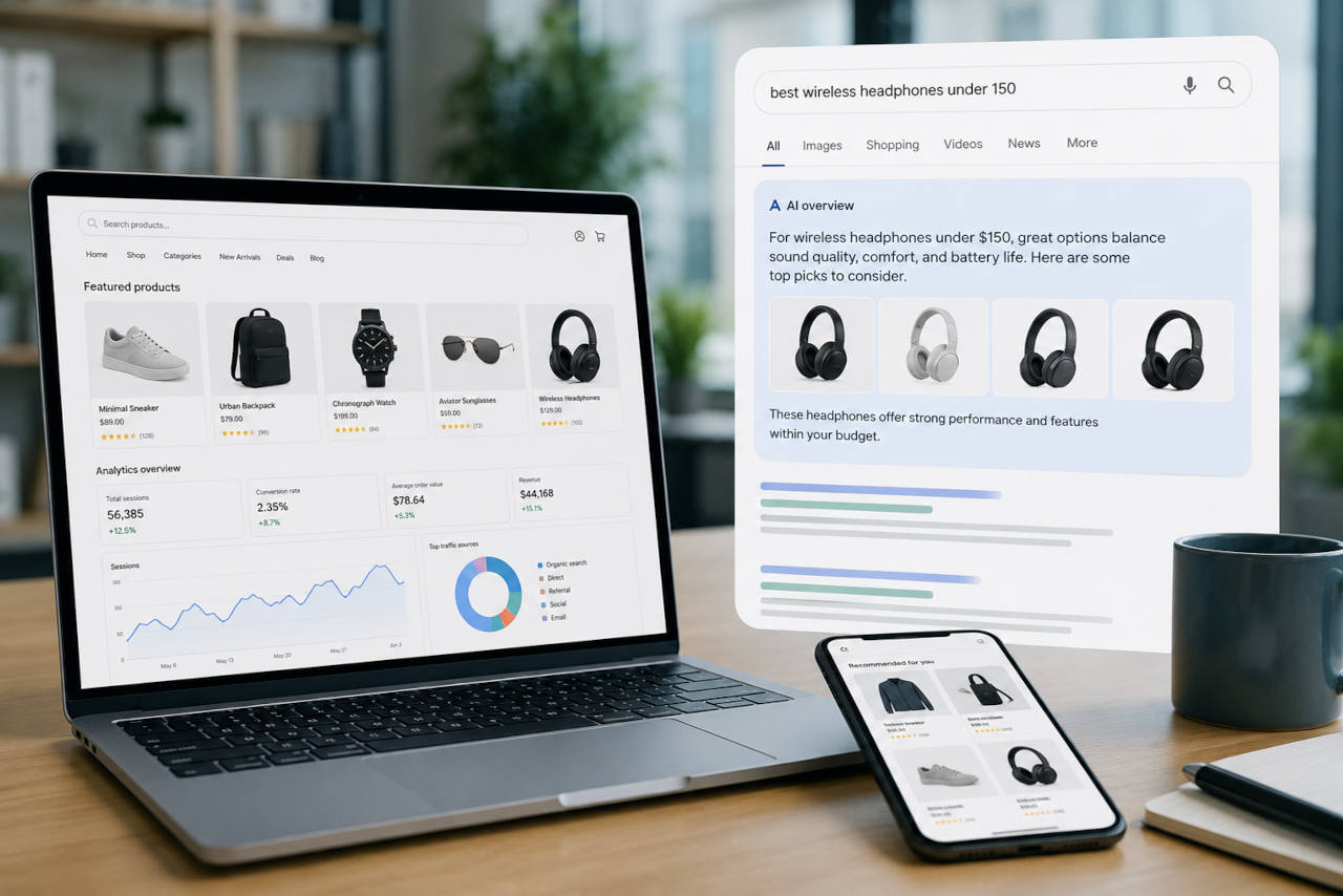 Postazione di lavoro con dashboard e-commerce, smartphone e risultati di ricerca con AI Overview dedicati a prodotti online.