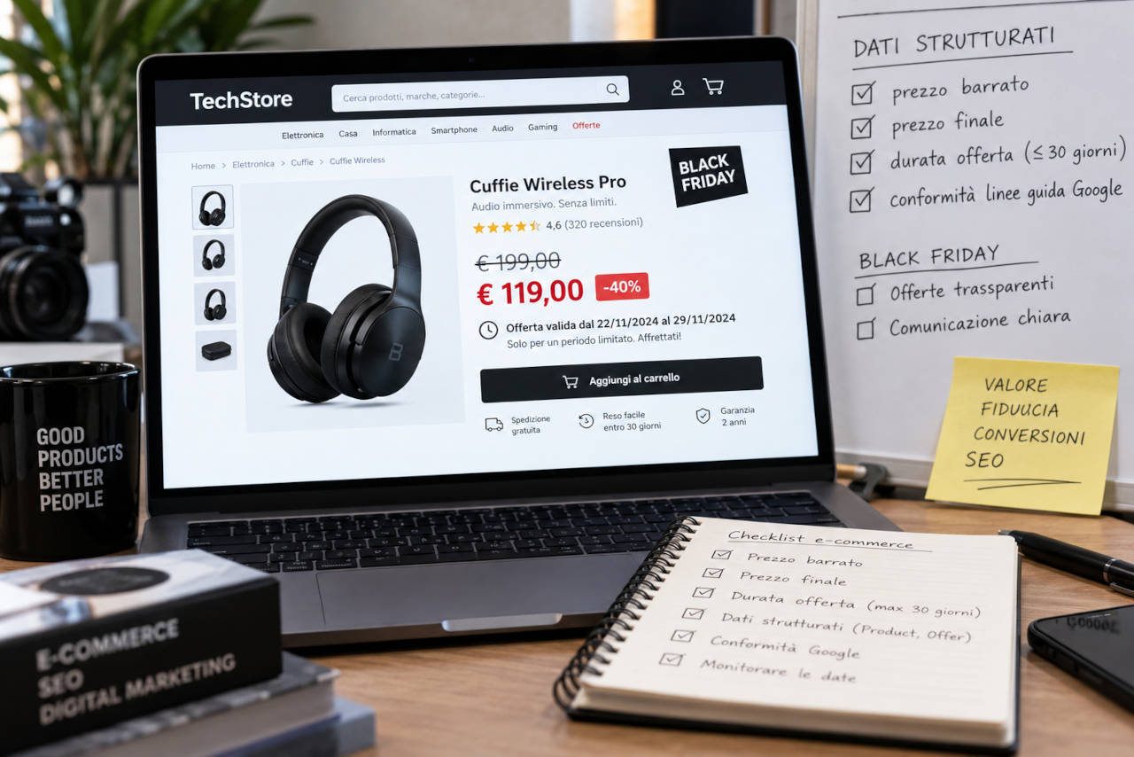 Etichetta di prezzo scontato con prezzo barrato e prezzo finale su una scheda prodotto e-commerce