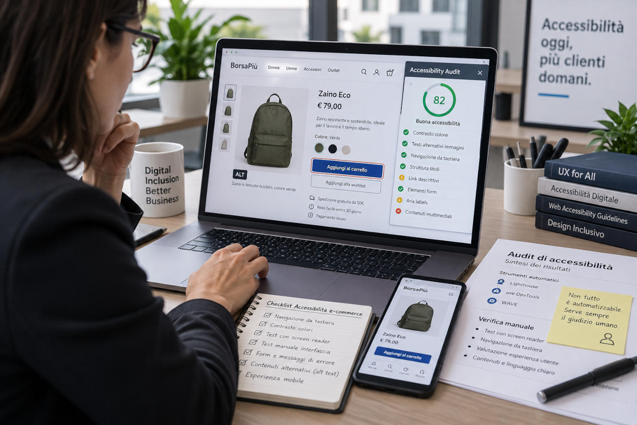Professionista verifica l’accessibilità di un e-commerce tramite strumenti di audit automatico e controlli manuali su navigazione, contrasto, alt text e usabilità.