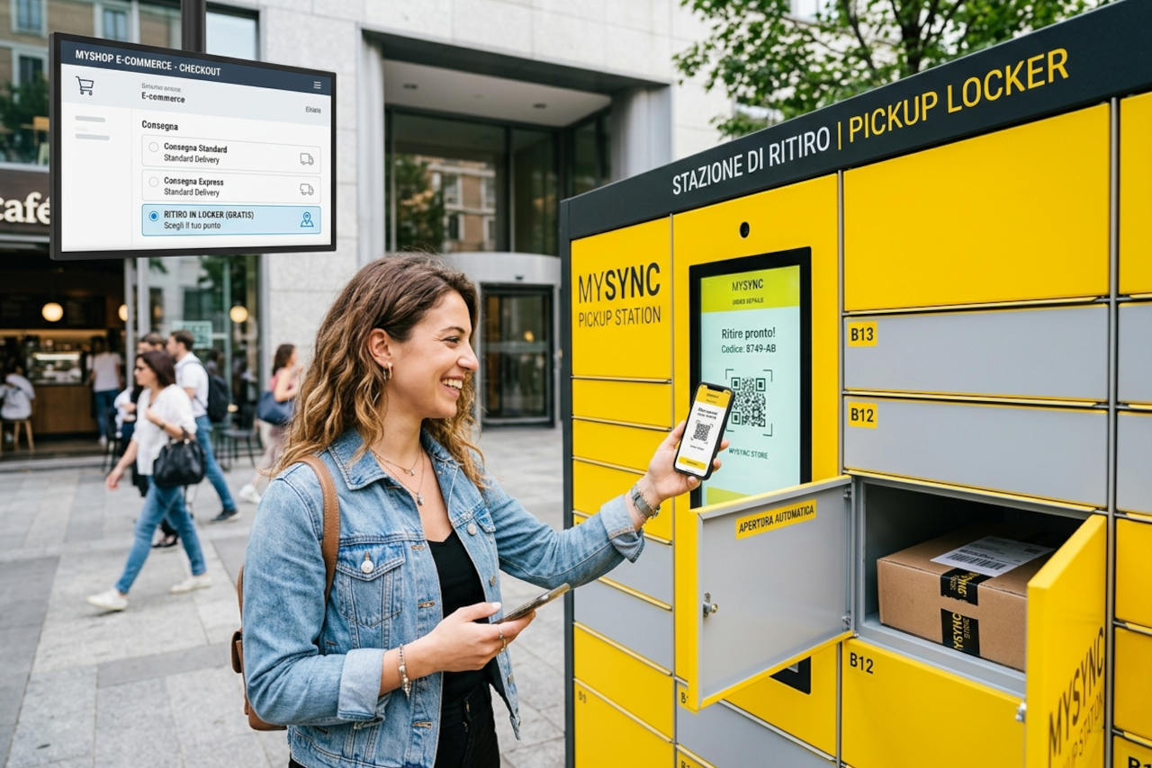 Una donna ritira sorridente un pacco da un locker giallo automatizzato in una piazza, utilizzando uno smartphone. Sullo sfondo, un monitor mostra una pagina di checkout di un e-commerce con l'opzione "Ritiro in locker" selezionata.
