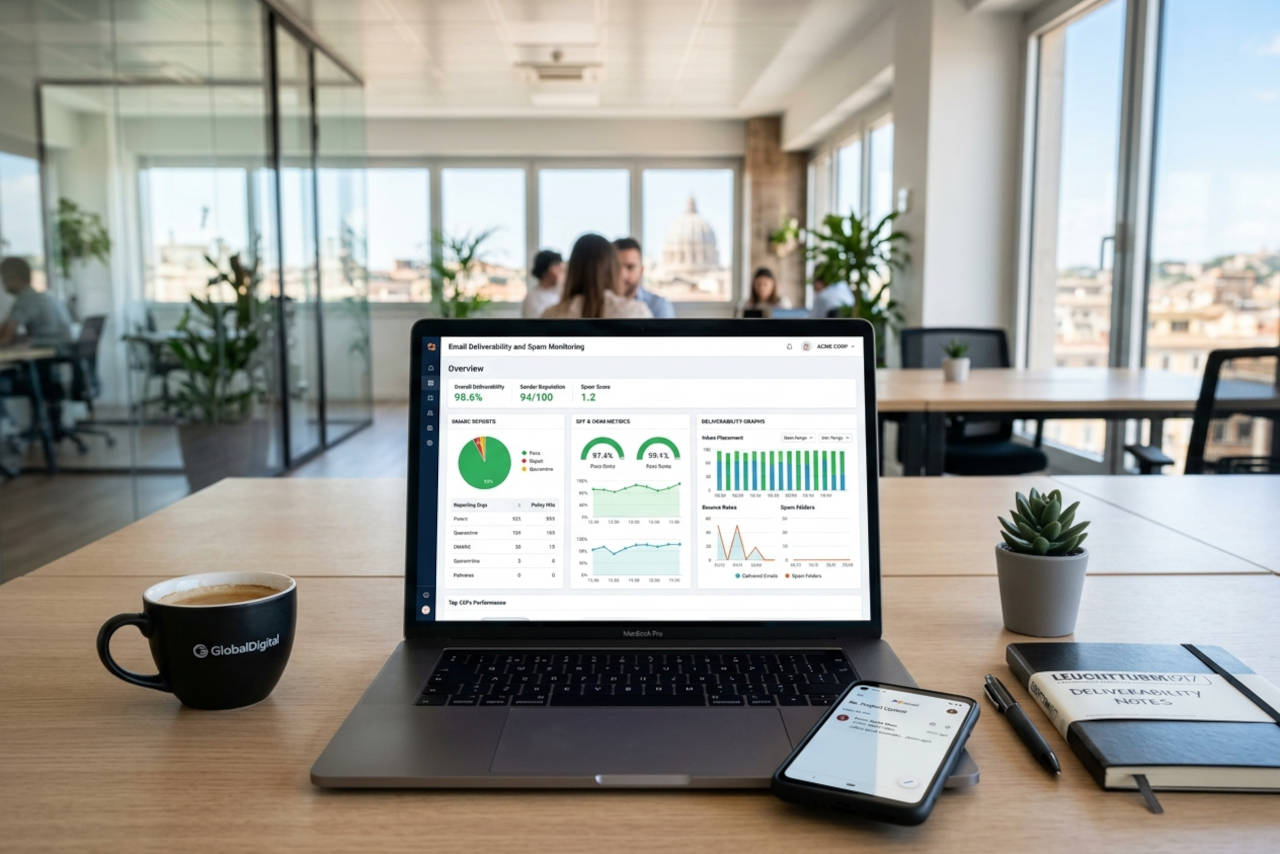 Una postazione di lavoro con un laptop aperto che mostra una dashboard di monitoraggio del recapito delle email, con grafici sulla reputazione del dominio, autenticazione SPF e report DMARC. Accanto al computer, sulla scrivania, un telefono cellulare mostra la notifica di una email ricevuta, insieme a una tazza di caffè.